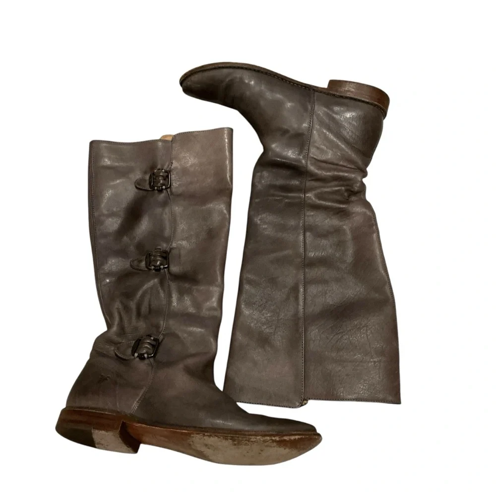 Frye Paige buckle riding boots tall grey leather size 8.5 equestrian southwest